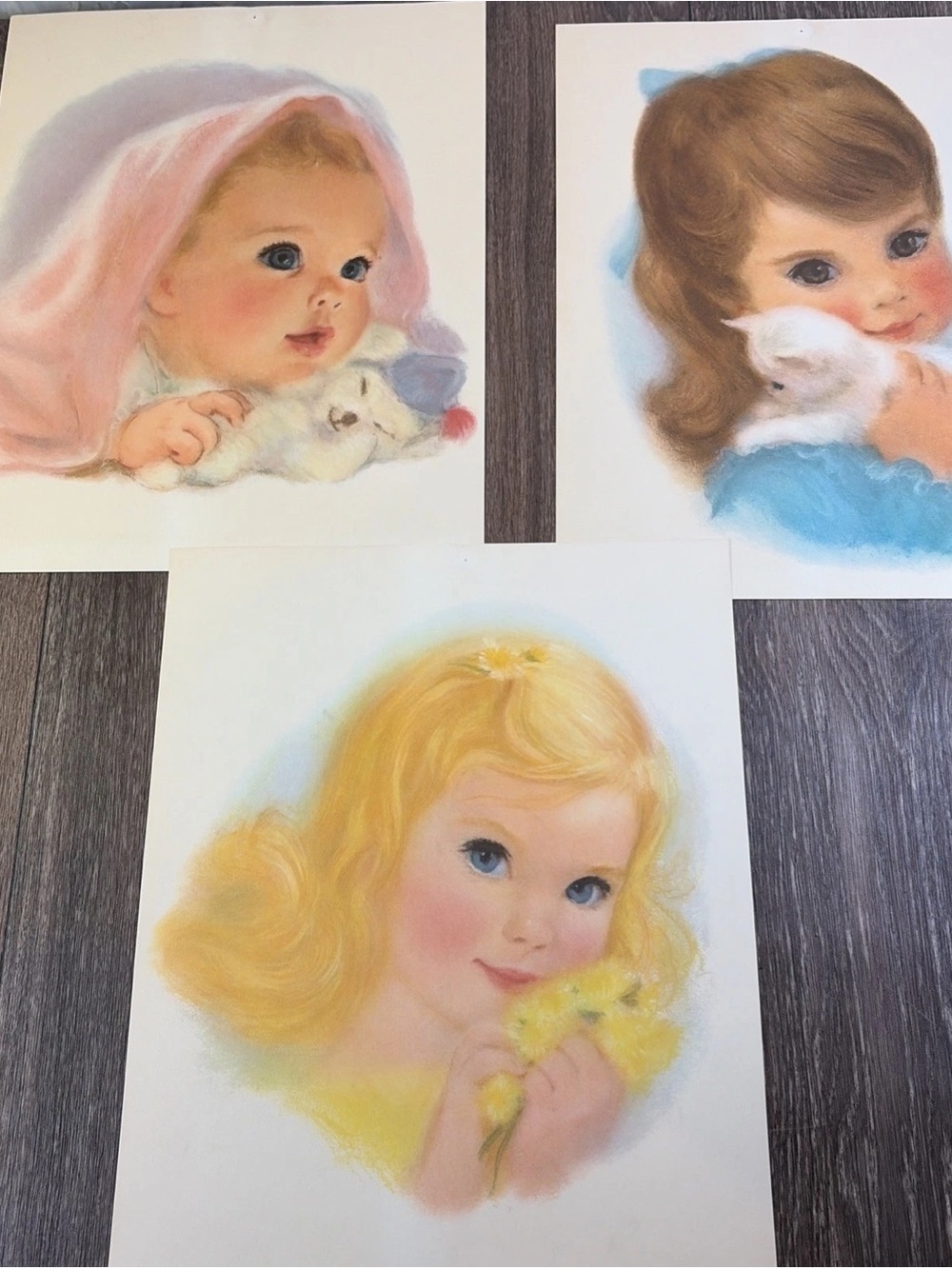Lot of 3 Vintage Charmin Baby & Girl with Flowers Kitten Paper Prints